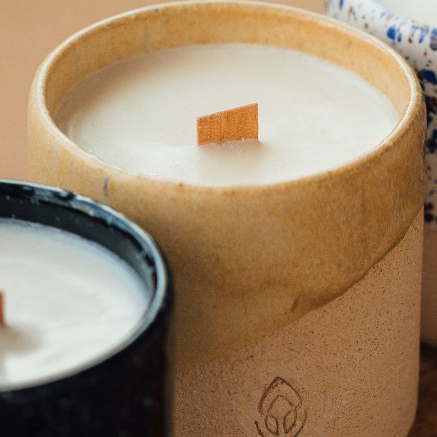 Jasmine Night Candle — A wooden-wick candle in a sand-glazed ceramic cup